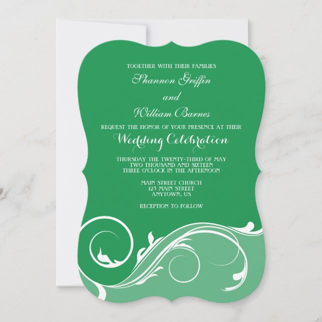 Green Floral Swirl Bracket Wedding Invites (Front)