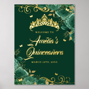Green Floral Swirl Quinceanera Welcome Sign Gold