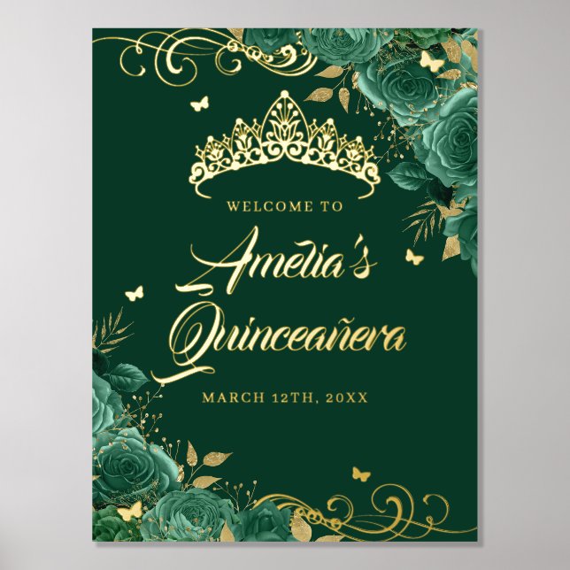 Green Floral Swirl Quinceanera Welcome Sign Gold   (Front)