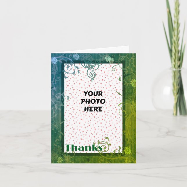 Green Floral Swirl Wedding Photo  Thank You Card (Front)