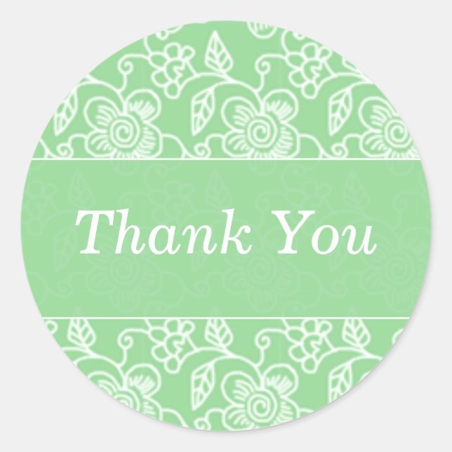 Green Floral Swirls Thank You Stickers (Front)