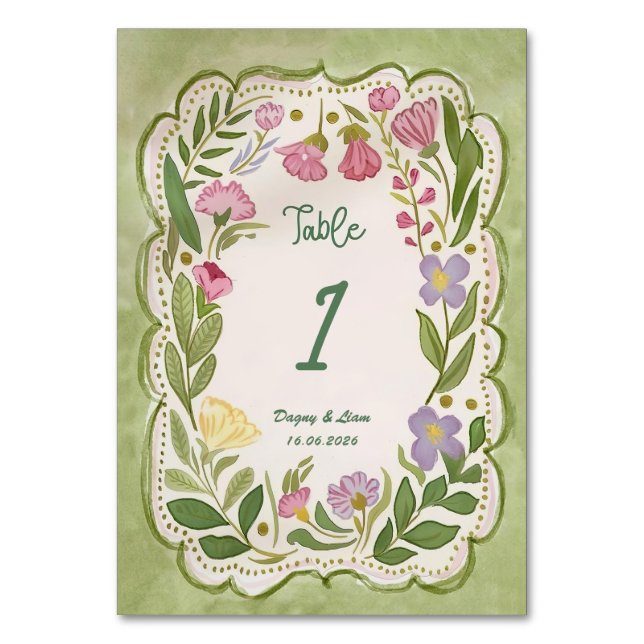 Green Floral Table Number Template, Hand drawn (Front)