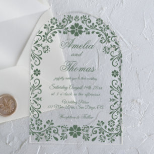 Green Floral Talavera Wedding Acrylic Invitations