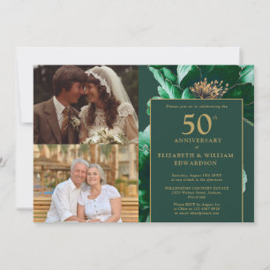 Green Floral Then And Now 50th Anniversary 2 Photo Invitation