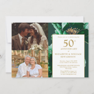 Green Floral Then And Now 50th Anniversary 2 Photo Invitation