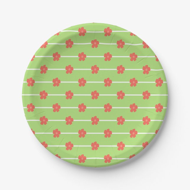 Green Floral Tiles Paper Plate (Front)