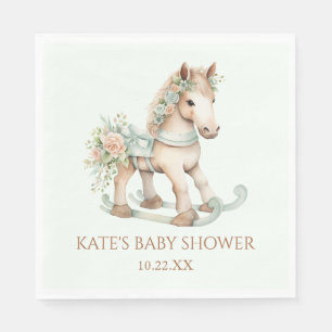 Green Floral Vintage Toy Rocking Horse Baby Shower Napkin