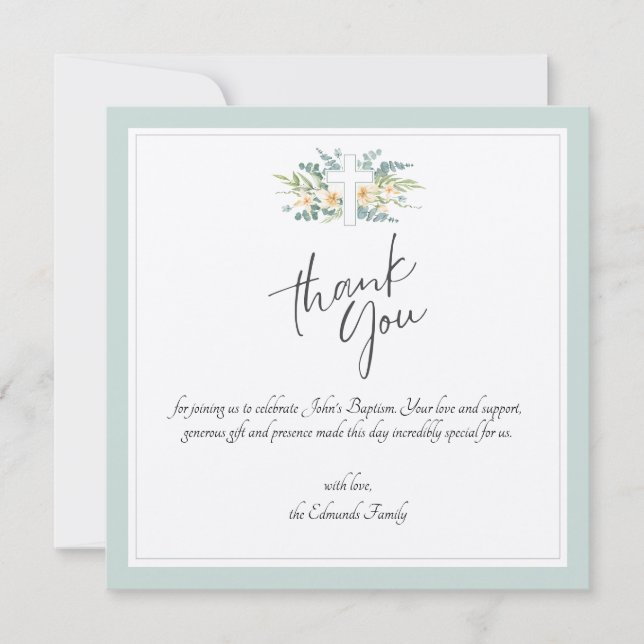 Green Floral Watercolor Baptism  Thank You Card (Front)