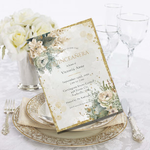Green Floral Watercolor Gold Rustic Quinceañera Invitation