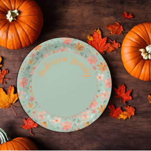 Green floral watercolor orange name paper plate