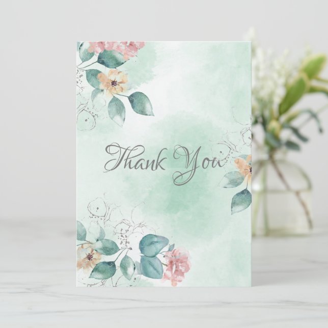 Green Floral Watercolor Wedding Thank You Card (Standing Front)