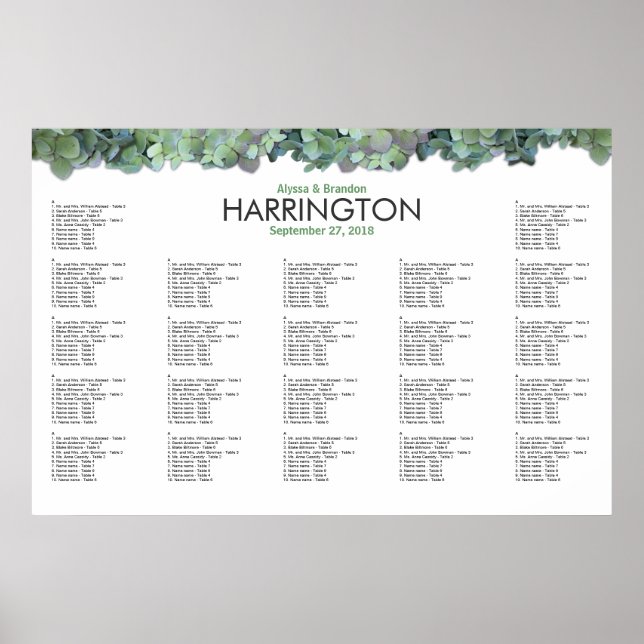 Green Floral Wedding Reception Seating Chart (Front)
