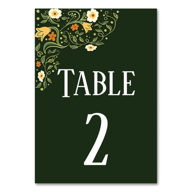 Green Floral Wedding Reception Table Card (Front)