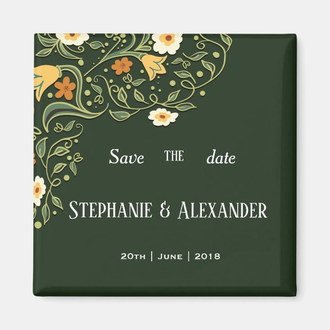 Green Floral Wedding Save the Date Magnet (Front)