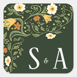 Green Floral Wedding Square Sticker
