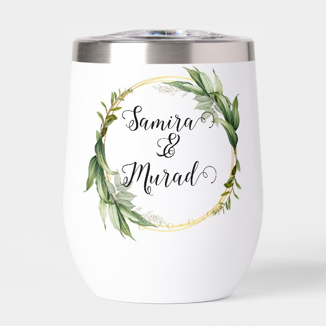Green Floral Wedding Thermal Wine Tumbler (Front)