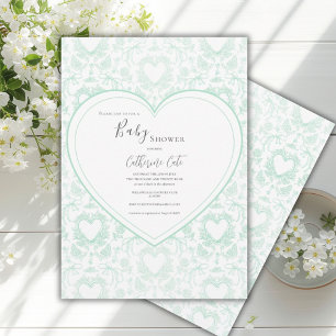 Green Floral Whimsical Heart Baby Shower  Invitation