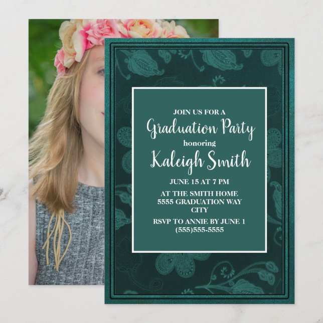 Green Floral White Graduation Party Photo Invitation (Front/Back)