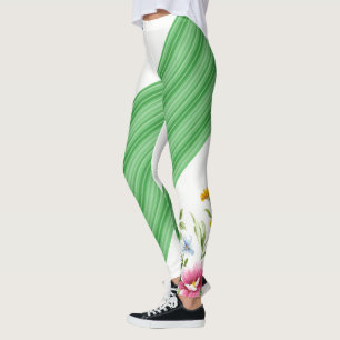 Green Floral White Leggings