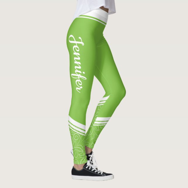 Green floral white stripes and name modern girly leggings (Right)
