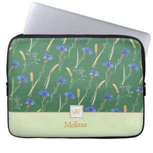 Green Floral Wildflower Monogram Laptop Sleeve