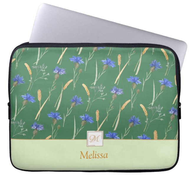 Green Floral Wildflower Monogram Laptop Sleeve (Front)