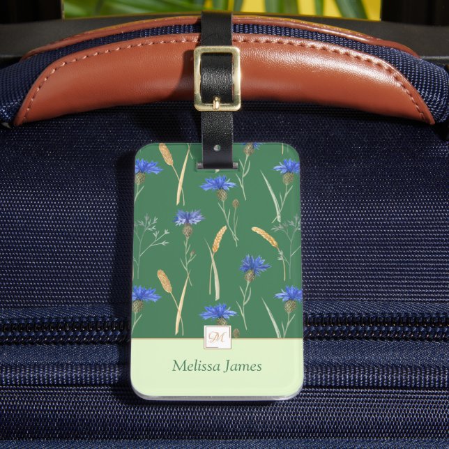 Green Floral Wildflower Monogram Luggage Tag (Front Insitu 2)