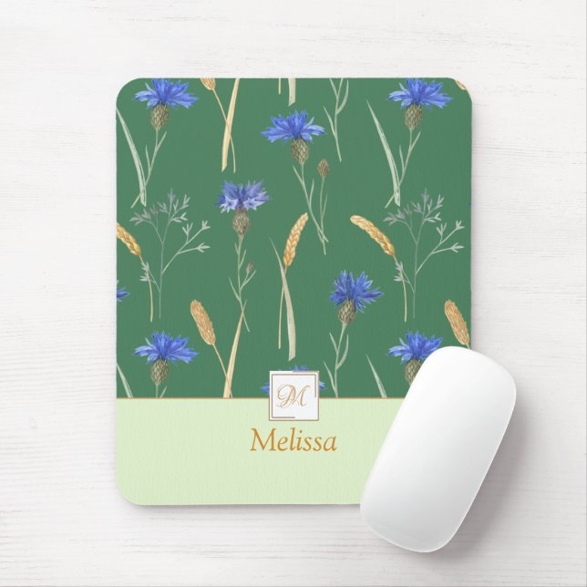 Green Floral Wildflower Monogram Mouse Mat (With Mouse)
