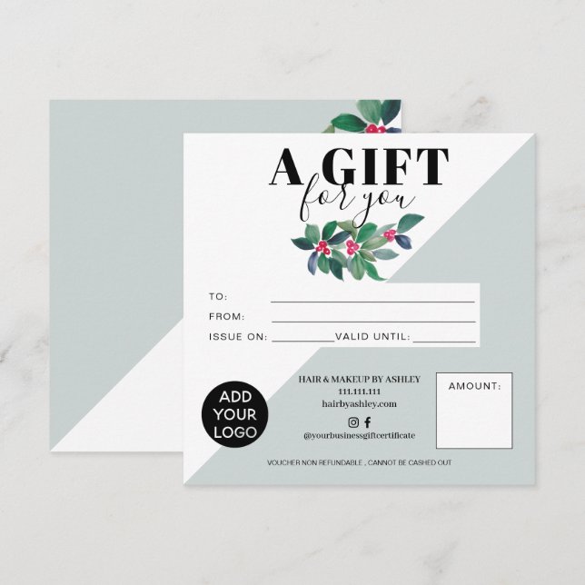 Green floral winter square gift certificate logo (Front/Back)
