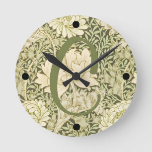 Green Floral Wm Morris Design Monogram Round Clock