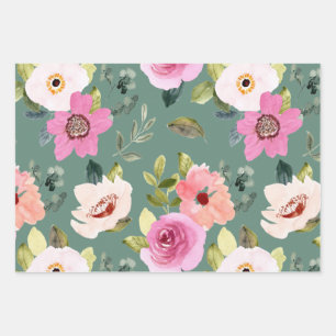 Green & Floral Wrapping Paper Flat Sheet Set of 3