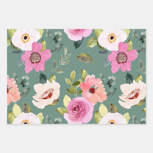 Green & Floral Wrapping Paper Flat Sheet Set of 3 (Front)