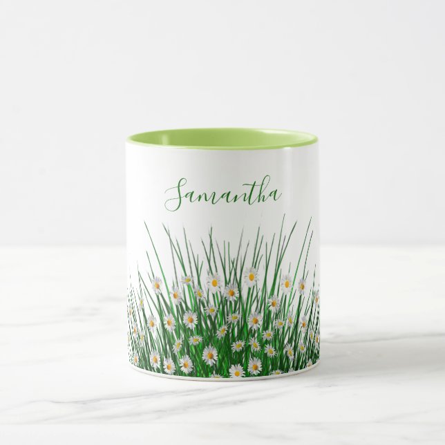 Green florals flowers meadow white name mug (Center)