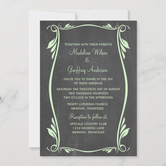 Green Flourish Chalkboard Wedding Invite (Front)