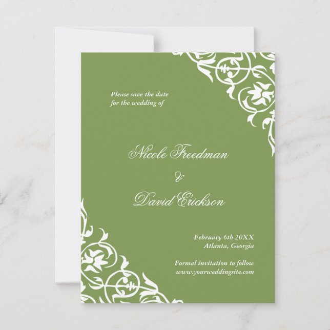 Green flourish classy scroll wedding save the date (Front)