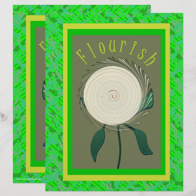 Green Flourish Flower Scrapbook Paper 2-Sided Page (Front/Back)