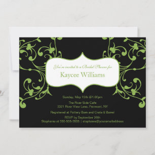 Green Flourish on Black Bridal Shower Invitation