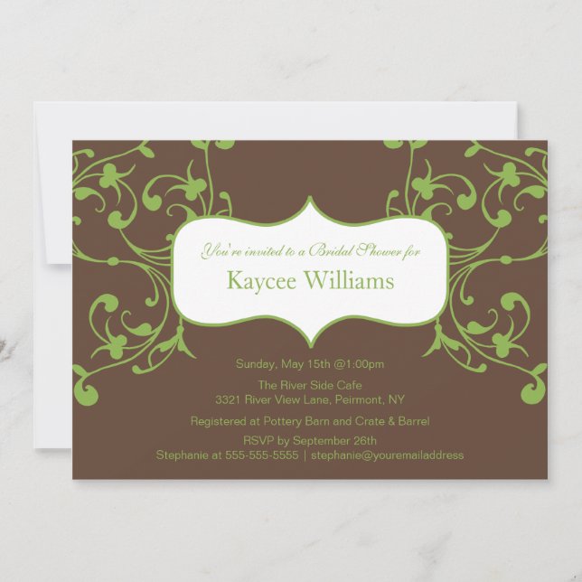 Green Flourish on Brown Bridal Shower Invitation (Front)