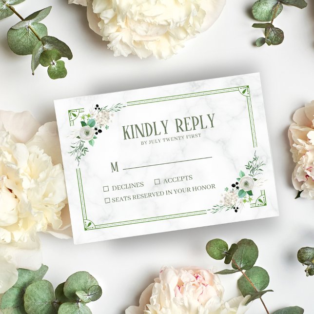 Green Flower and white Marble Wedding RSVP Card (Creator Uploaded)