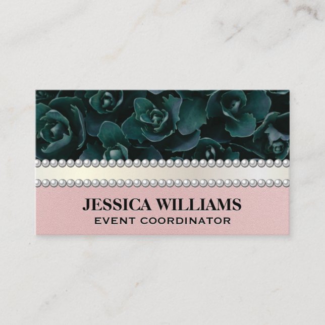 Green Flower Arrangement | Pearls Business Card (Front)