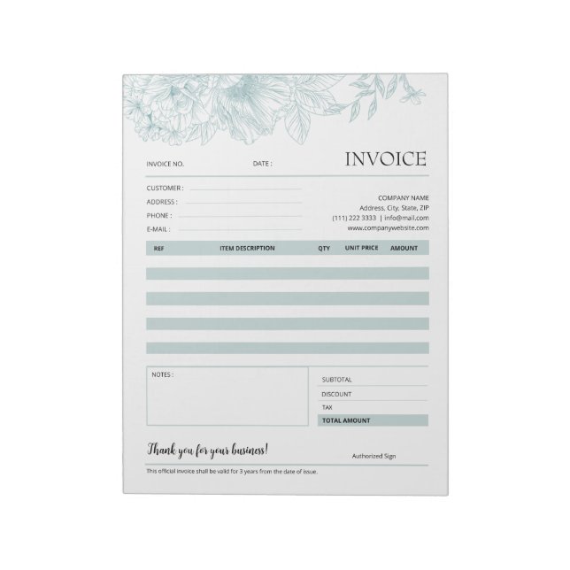 Green Flower Line Art Small Business Invoice Forms Notepad (Rotated)