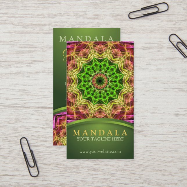 Green Flower Mandala Business Card (Front/Back In Situ)