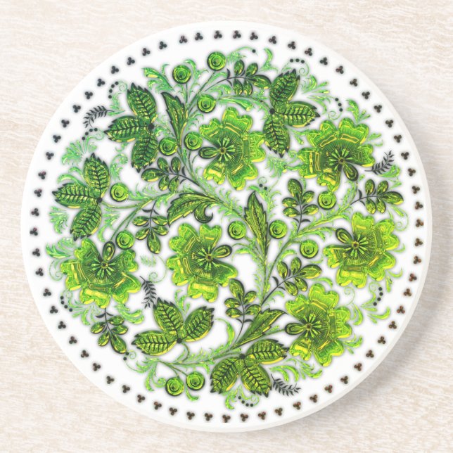 Green Flower Pattern Boho Round Coaster (Front)