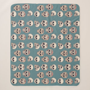 Green Flower Skulls Animated Colourful Halloween Sherpa Blanket