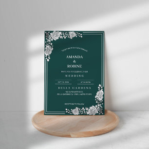 Green Flower White Wedding Invitation