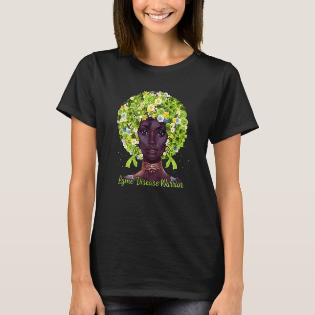 Green Flowers Afro Hair Black Woman Lyme Disease W T-Shirt (Front)