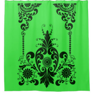 green flowers and curlicues print shower curtain