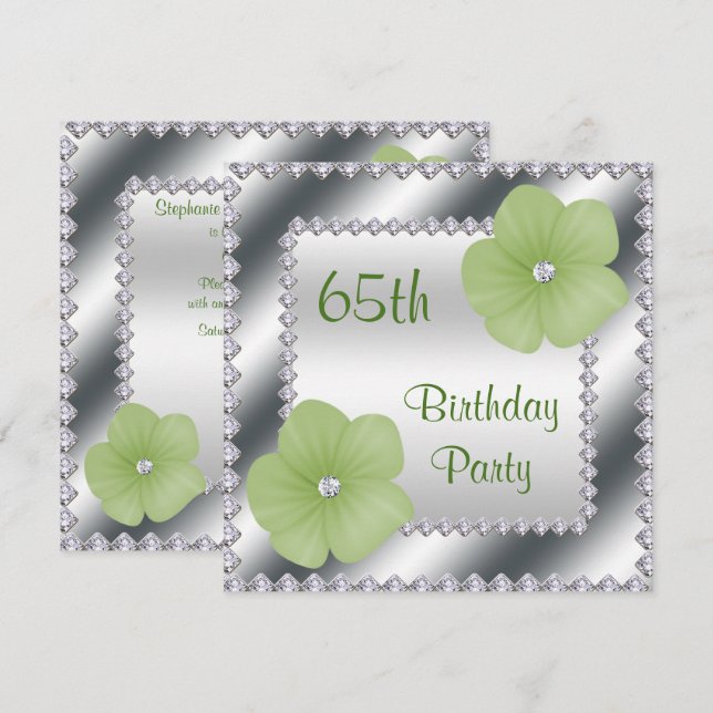 Green Flowers & Diamonds 65th Birthday Invitation (Front/Back)