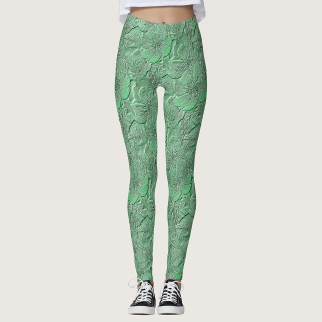 Green Flowers Nature Art Pattern Leggings (Front)