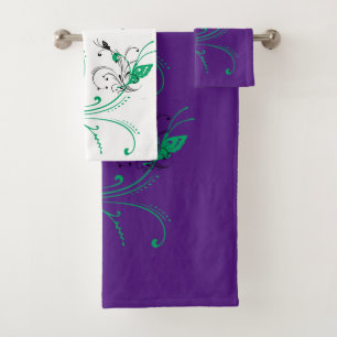 Green flowers on purple background bath towel set